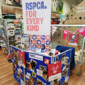 An RSPCA Burton education stand with boards of information